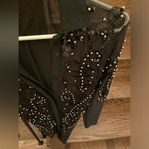 Boutique Paris Beaded Sequin Black Sheer Long Sleeve Body Suit Size Medium/Large - Picture 10 of 16